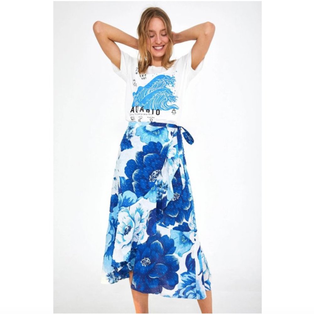 FARM Rio Blue Floral Wrap Midi Skirt
